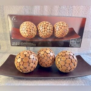 Wooden Decorative Balls With Wood Tray Set of 3